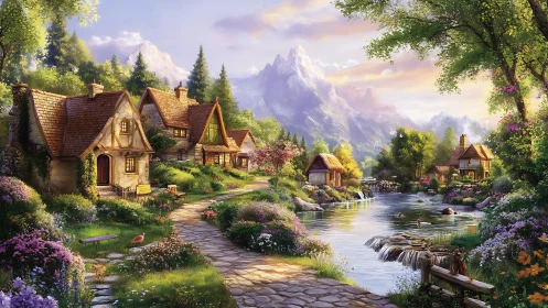 Idyllic riverfront cottages under luminant alpine atmosphere.