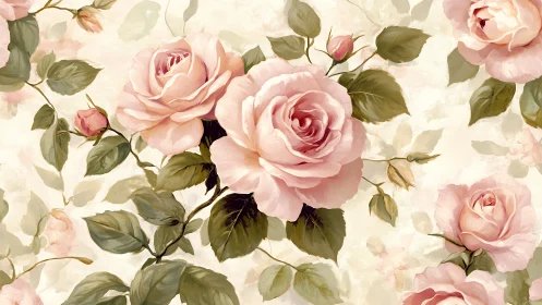 Pink Roses with Green Foliage on Cream Background.