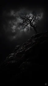 Lonely bare tree crowns wet rocky slope under storm sky