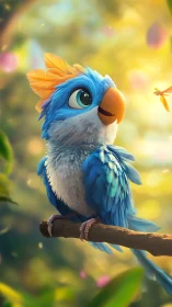 Bright blue baby bird gazes at a golden firefly in wonder