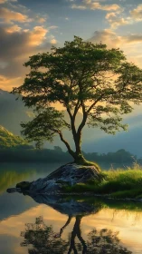 Gentle lakeside tree quietly glows in the soft evening light