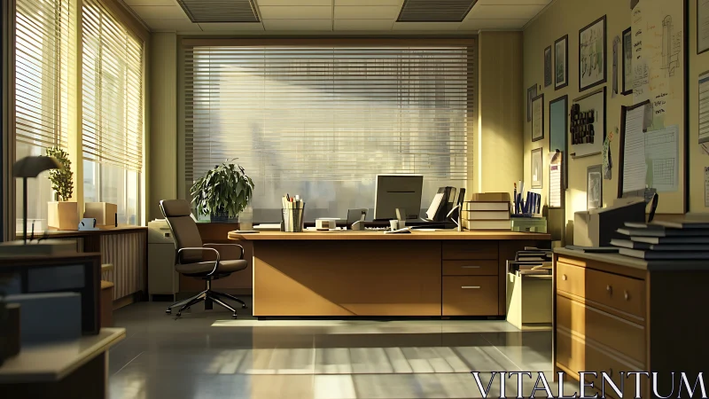 Sunlit executive office interior shows ordered workspace