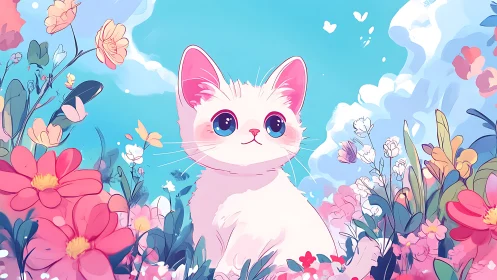 Enchanted white cat surrounded by blooming flowers in dreamlike garden.