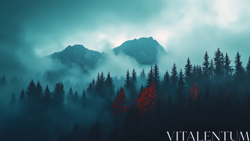 Misty Alpine Valley with Coniferous Canopy and Emerging Peak Silhouettes