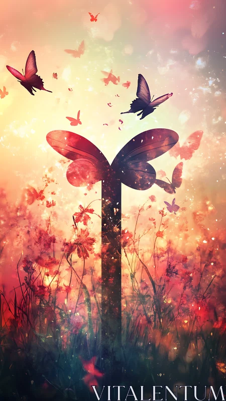Butterfly silhouettes intersect with floral field and gradient light