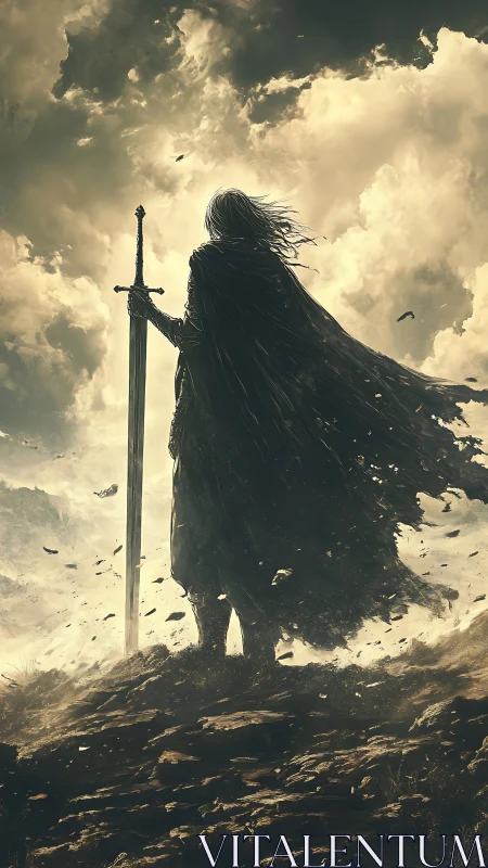 Cloaked warrior holds grounded sword against storm clouds