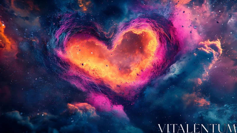 Cosmic nebula heart swirling in vibrant stellar clouds.