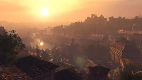 Ancient riverside city glows under hazy orange sunset sky