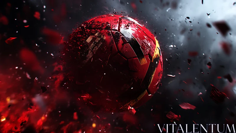 3D dynamic red sphere shattering through dark atmospheric field.