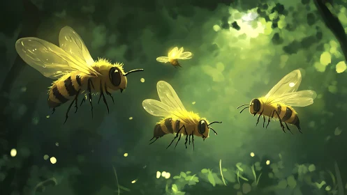 Sunlit forest bees drifting through luminous green air.