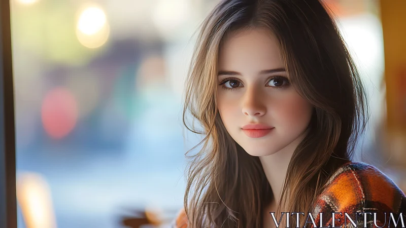 Young woman portrait in softly lit indoor environment.