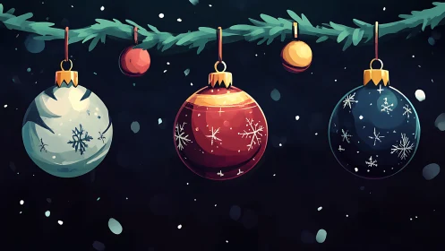 Snow-dusted Christmas baubles glow against a winter night sky