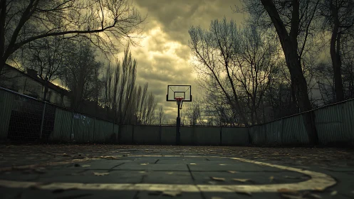 Quiet city basketball hoop waiting under moody twilight skies.