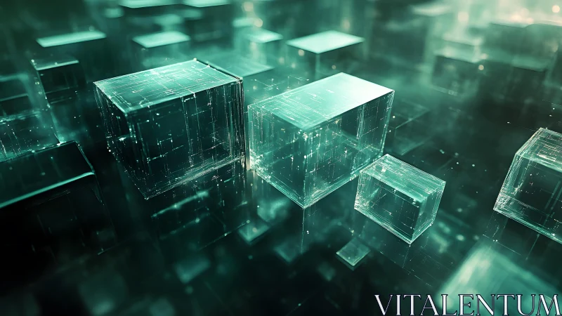 Futuristic Glass Cubes Floating in Digital Space, Abstract 3D Art.
