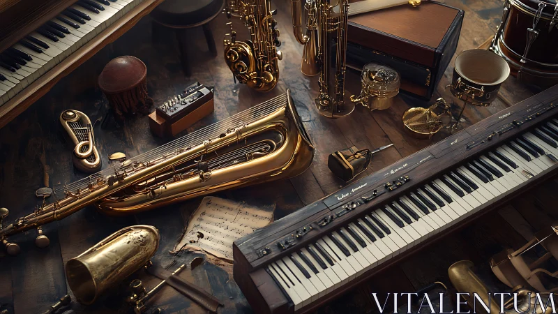 Assorted brass and keyboard instruments on wooden studio floor.