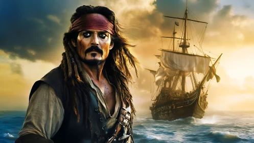 Pirate captain portrait before tall ship at sunset sea.