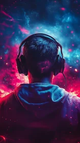 Gamer wearing headphones stands before neon cosmic soundscape