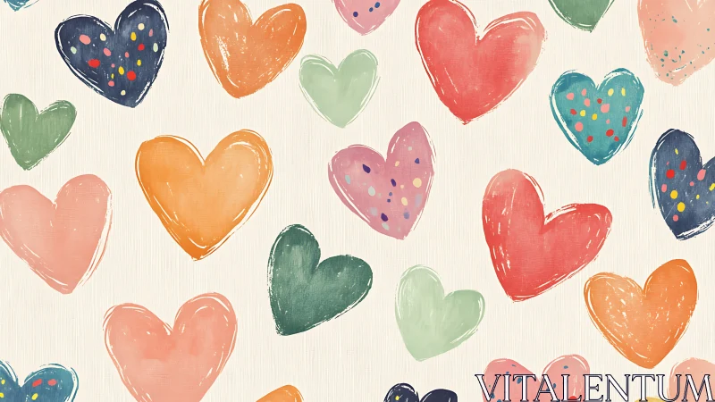 Colorful Hand-Painted Hearts Scattered Pattern.