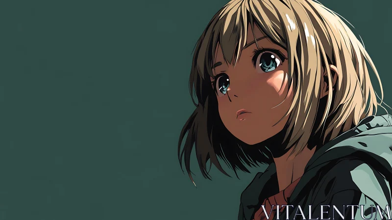 Melancholic anime girl gazes upward against teal void background.