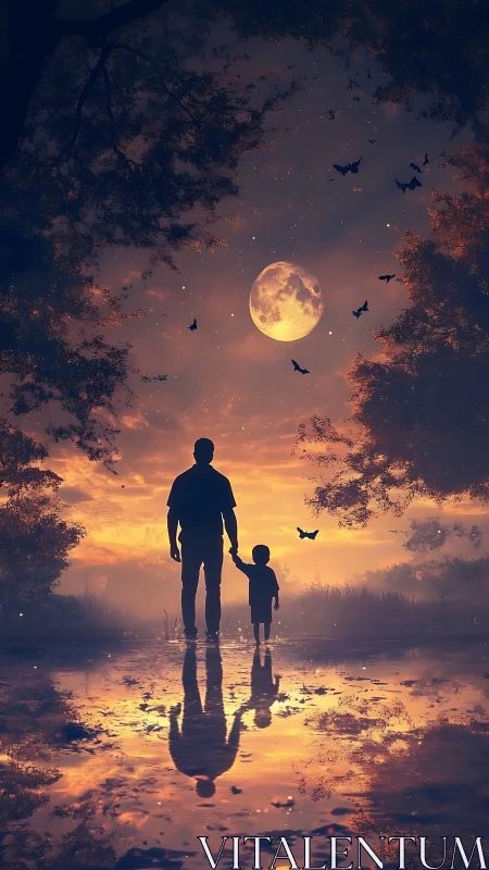 Father and child silhouettes under moonlit sunset sky.