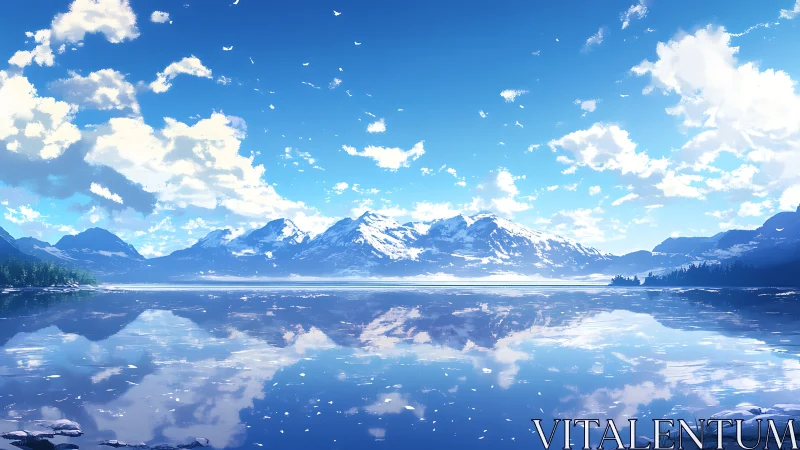 Snowy mountain range mirrored in calm blue lake at noon.