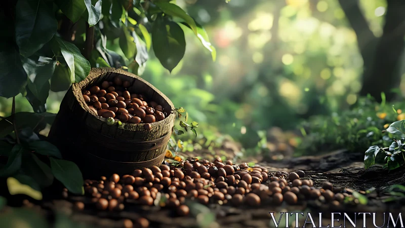 Sunlit forest harvest spilling from a rustic wooden barrel.