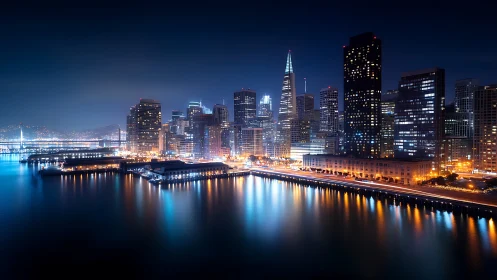 Illuminated waterfront skyline at night with tall towers.