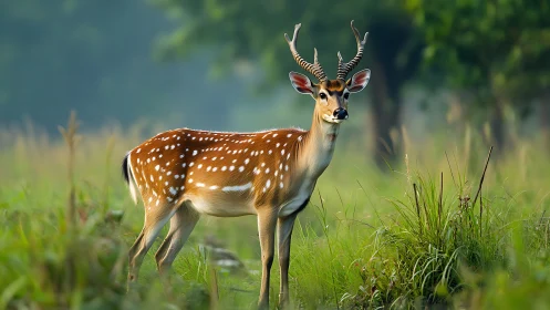 Spotted deer stands alert in lush green forest meadow.
