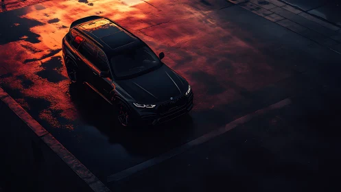 Dark SUV on wet asphalt at sunset with glowing reflections.