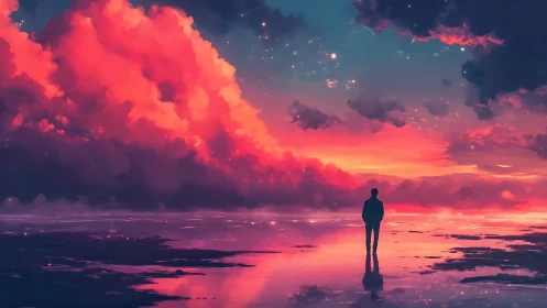 Silhouetted figure observes luminous clouds over reflective water