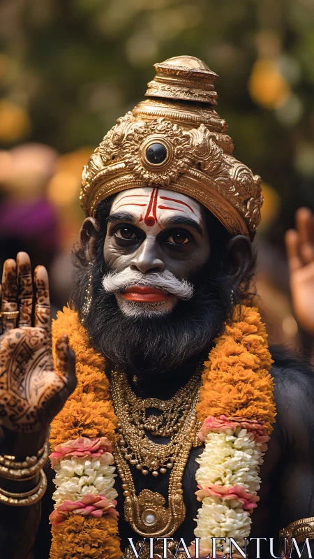 Devotional performer in Hanuman makeup with ornate garlands and crown