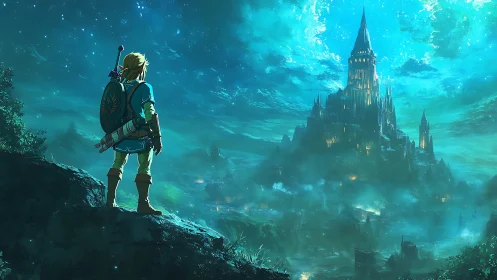 Lone hero gazes toward a moonlit emerald fantasy citadel.