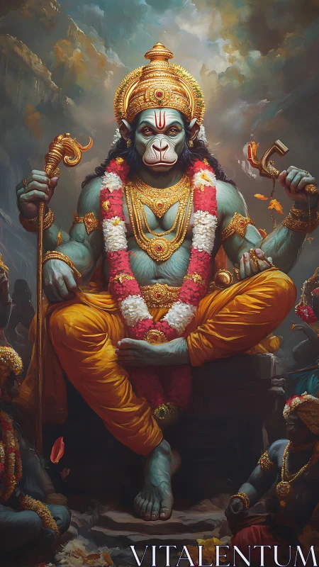Divine simian deity seated in regal orange robes