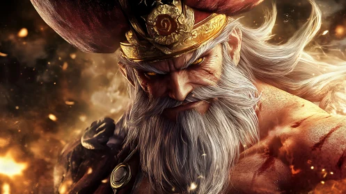 Battle-hardened warrior king with golden crown and scars.