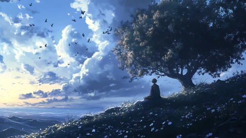 Quiet hillside meditation beneath a glowing evening sky.