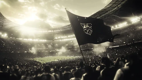 Large football stadium crowd with flag in sepia light.