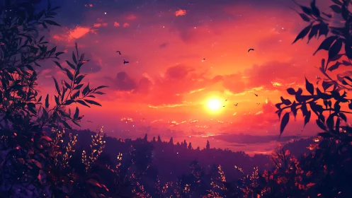 Sunset over forested hills with silhouetted foliage framing.