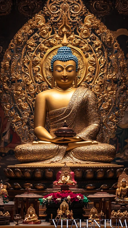 Golden Buddha statue on ornate altar with smaller figures.