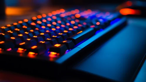 Mechanical gaming keyboard in neon orange and blue glow.