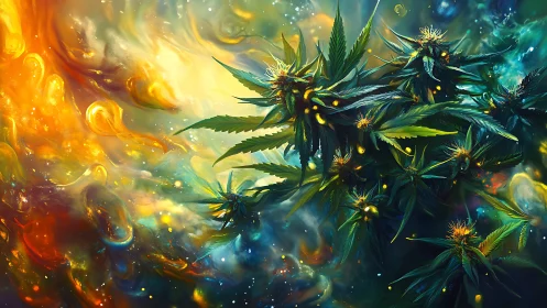 Cannabis plant cluster against abstract nebula backdrop.