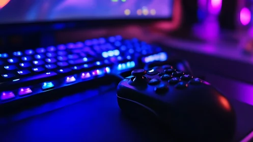 Gaming controller rests before RGB keyboard in neon glow