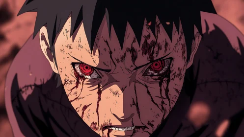 Scarred warrior’s red gaze burns with relentless fury