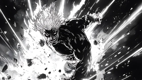 Powerful monochrome hero bursting through debris field.