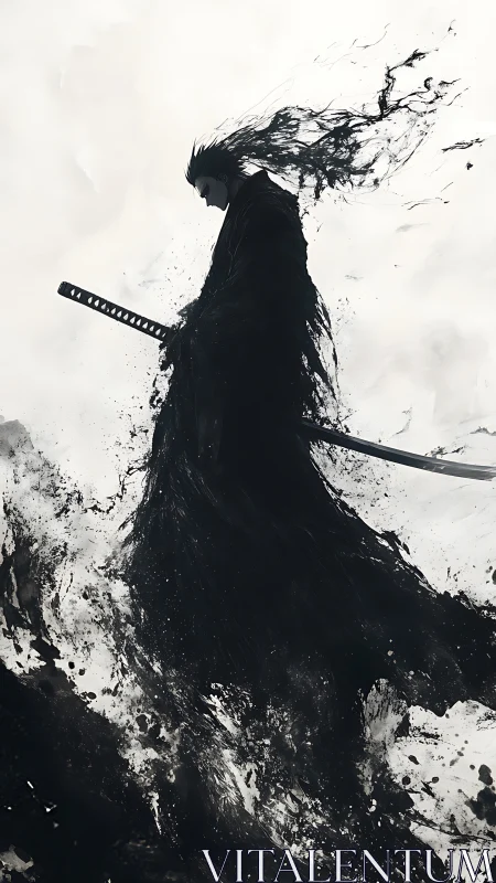 Shadowed warrior walks through swirling ink and quiet storm