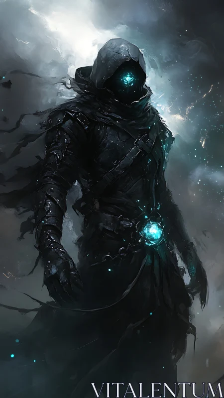 Digital painting of arcane cyber wraith in storm-lit shroud.