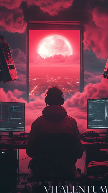Midnight coder gazes through neon portal to a crimson moon.