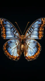Iridescent blue monarch butterfly on deep black field.