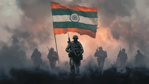 Indian soldiers advance under national flag in heavy smoke.