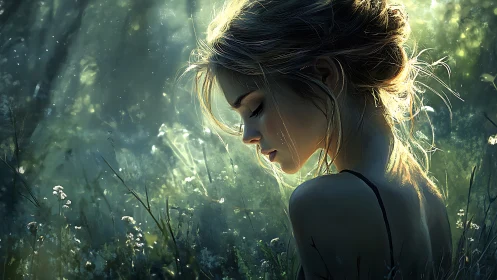 Side profile of woman seated in backlit forest clearing