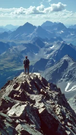 Solo hiker stands on jagged alpine ridge with layered glacial peaks
